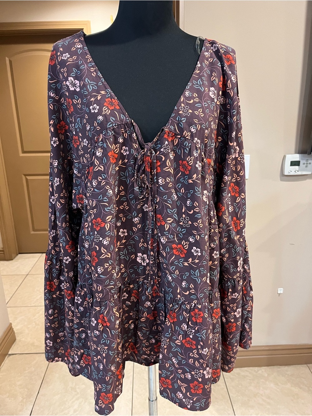 ANDREE BY UNIT Wine Floral Tie-Front Boho Tunic